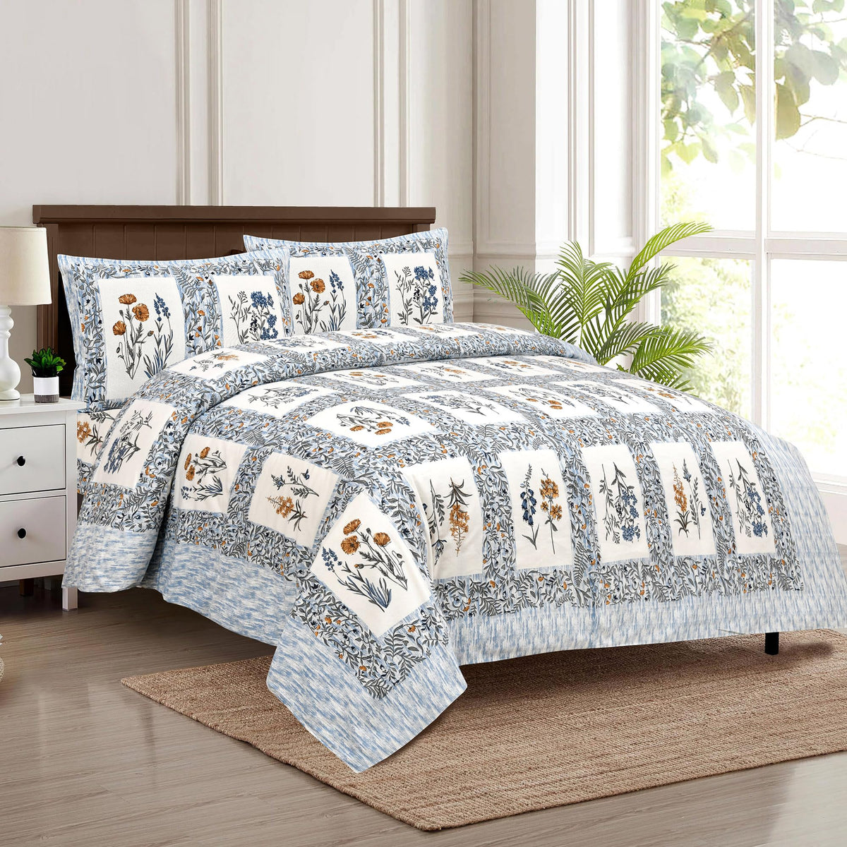 Heart Home Double Bedsheet with 2 Pillow Covers | 160 TC Premium Cotton Bedsheet for Double Bed | Bedsheet for Living Room-Home & Hotels | Dezier Check Flower | 90x108 Inch | Blue