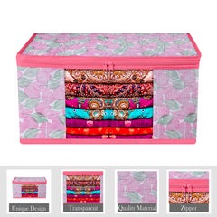 Heart Home Saree Cover | Zip Closure Saree Cover | Clothes Storage Bag | Wardrobe Organiser | Transparent Window Saree Cover | Flower Patta-Design | 9 inch | Pack of 9 | Pink