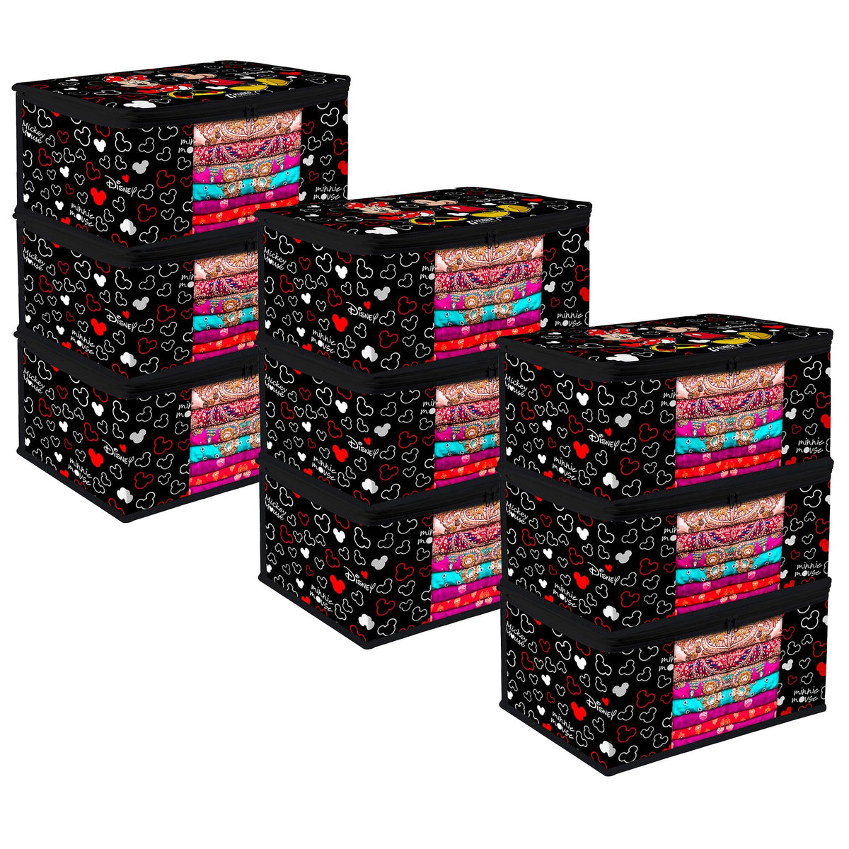 Heart Home Saree Cover | Zip Closure Saree Cover | Clothes Storage Bag | Wardrobe Organiser | Transparent Window Saree Cover | Disney Mickey-Print | 9 inch | Pack of 9 | Black