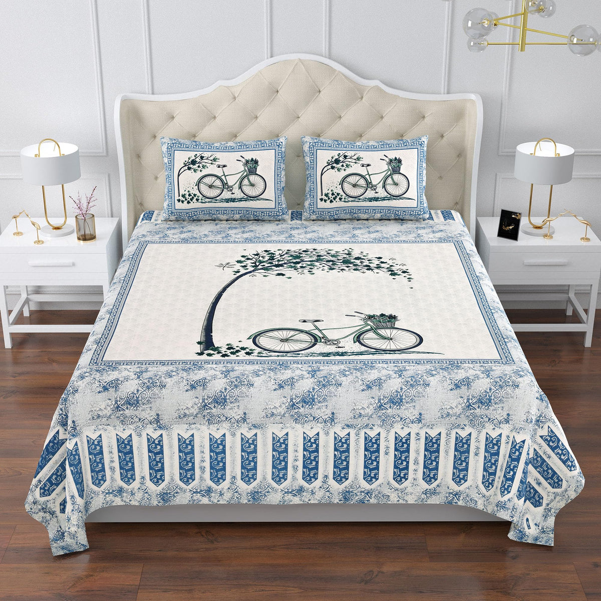 Heart Home Double Bedsheet with 2 Pillow Covers | 160 TC Premium Cotton Bedsheet for Double Bed | Bedsheet for Living Room-Home & Hotels | Photo Frame Cycle | 100x108 Inch | Blue