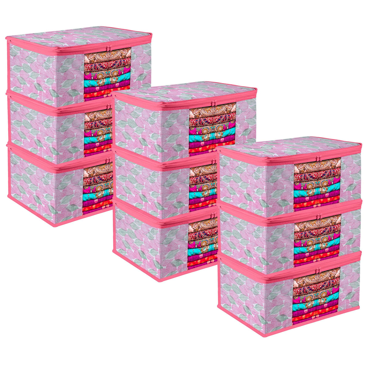 Heart Home Saree Cover | Zip Closure Saree Cover | Clothes Storage Bag | Wardrobe Organiser | Transparent Window Saree Cover | Flower Patta-Design | 9 inch | Pack of 9 | Pink