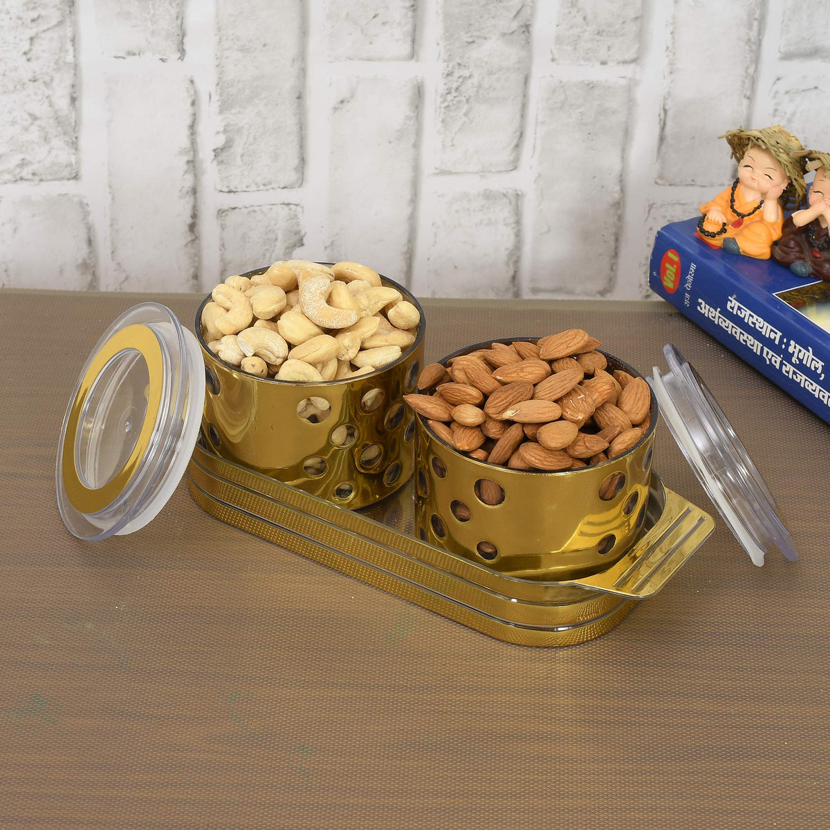 Kuber Industries Pearl Wooden Design Plastic Serving Tray with 2 Multipurpose Snacks/Dry Fruit Air Tight Bowls with Lids (Set of 3,Gold)-KUBMARTK11085