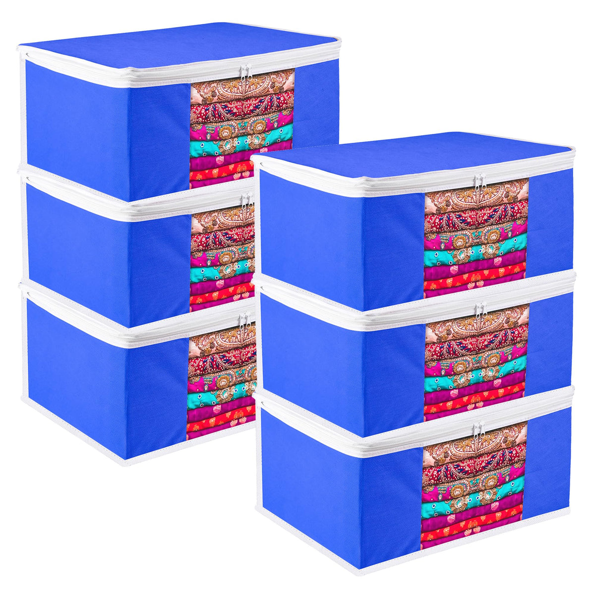 Heart Home Saree Cover | Zip Closure Saree Cover | Clothes Storage Bag | Wardrobe Organiser for Suit | Transparent Window Saree Cover | Plain-White Border | 9 inch | Pack of 6 | Blue