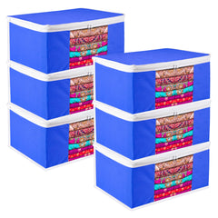 Heart Home Saree Cover | Zip Closure Saree Cover | Clothes Storage Bag | Wardrobe Organiser for Suit | Transparent Window Saree Cover | Plain-White Border | 9 inch | Pack of 6 | Blue