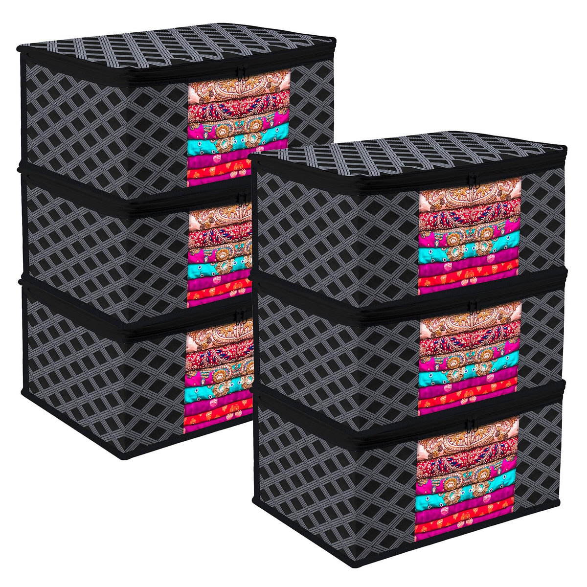 Heart Home Saree Cover | Zip Closure Saree Cover | Clothes Storage Bag | Wardrobe Organiser | Transparent Window Saree Cover | Check-Design | 9 inch | Pack of 6 | Black