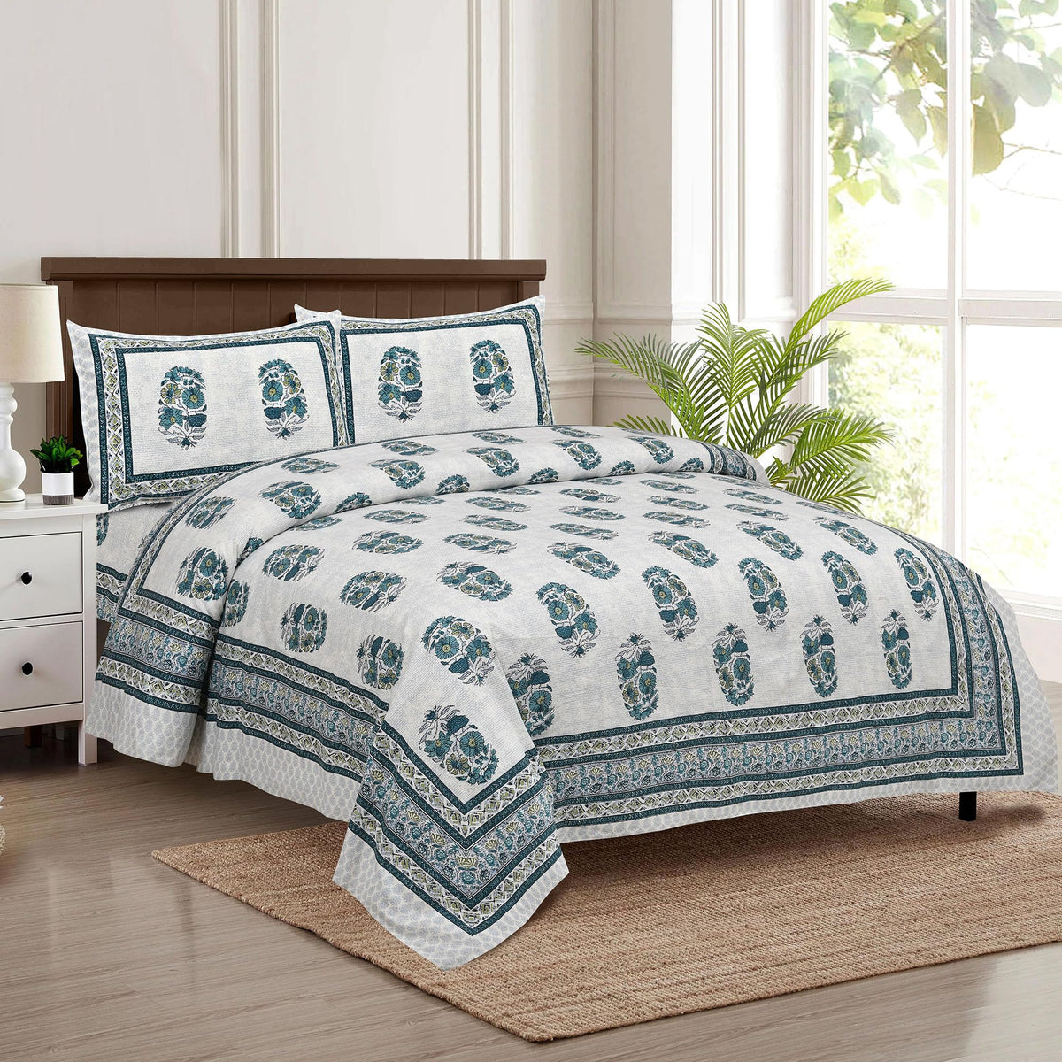 Kuber Industries Double Bedsheet with 2 Pillow Covers | 160 TC Premium Cotton Bedsheet for Double Bed | Bedsheet for Living Room-Home & Hotels | Dezier Flower Boota | 90x108 Inch | Green