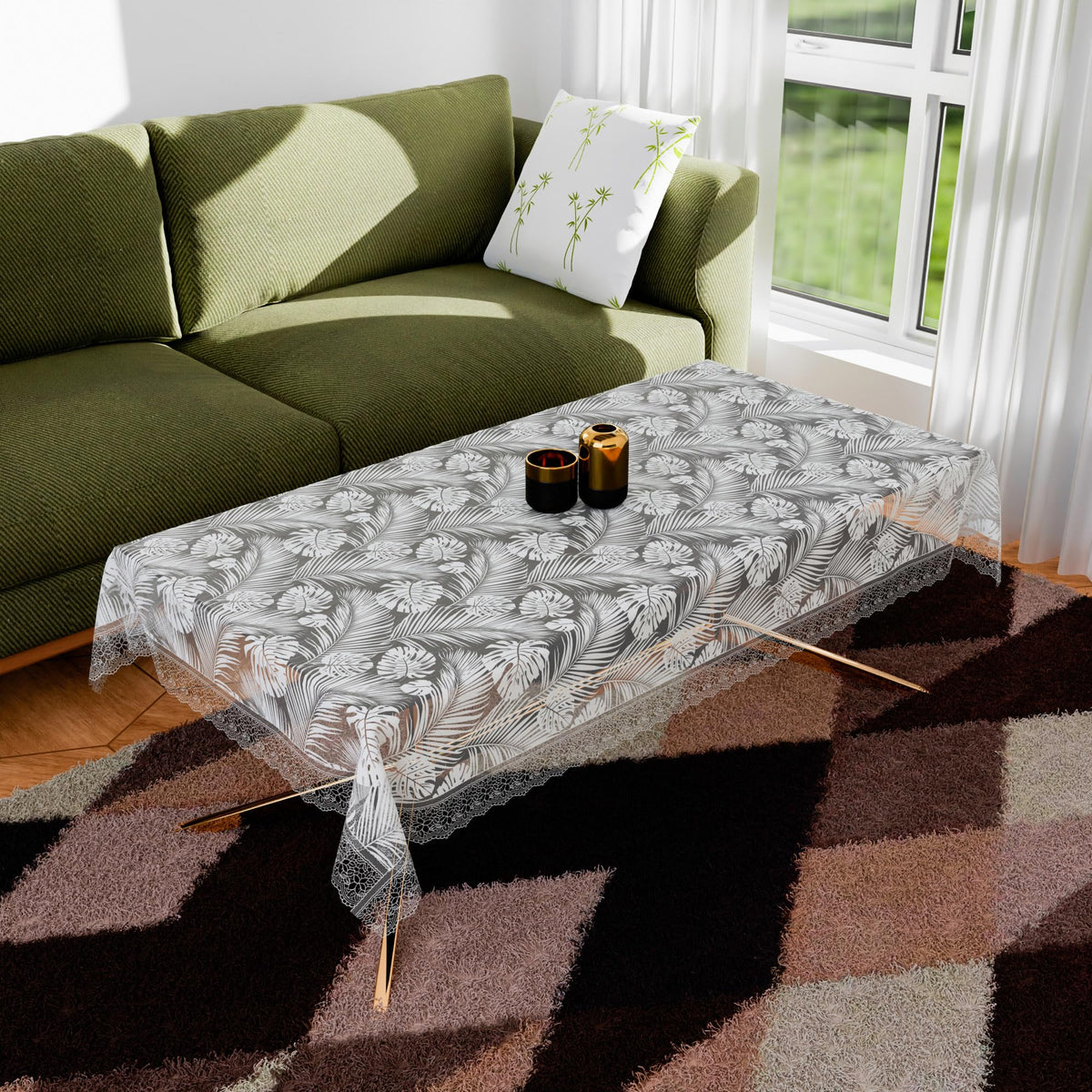 Heart Home Center Table Cover | PVC Table Cloth Cover | 4 Seater Table Cloth | Self Leaf Table Cover | Table Protector | Table Cover for Center Table | 40x60 Inch | CTC | White