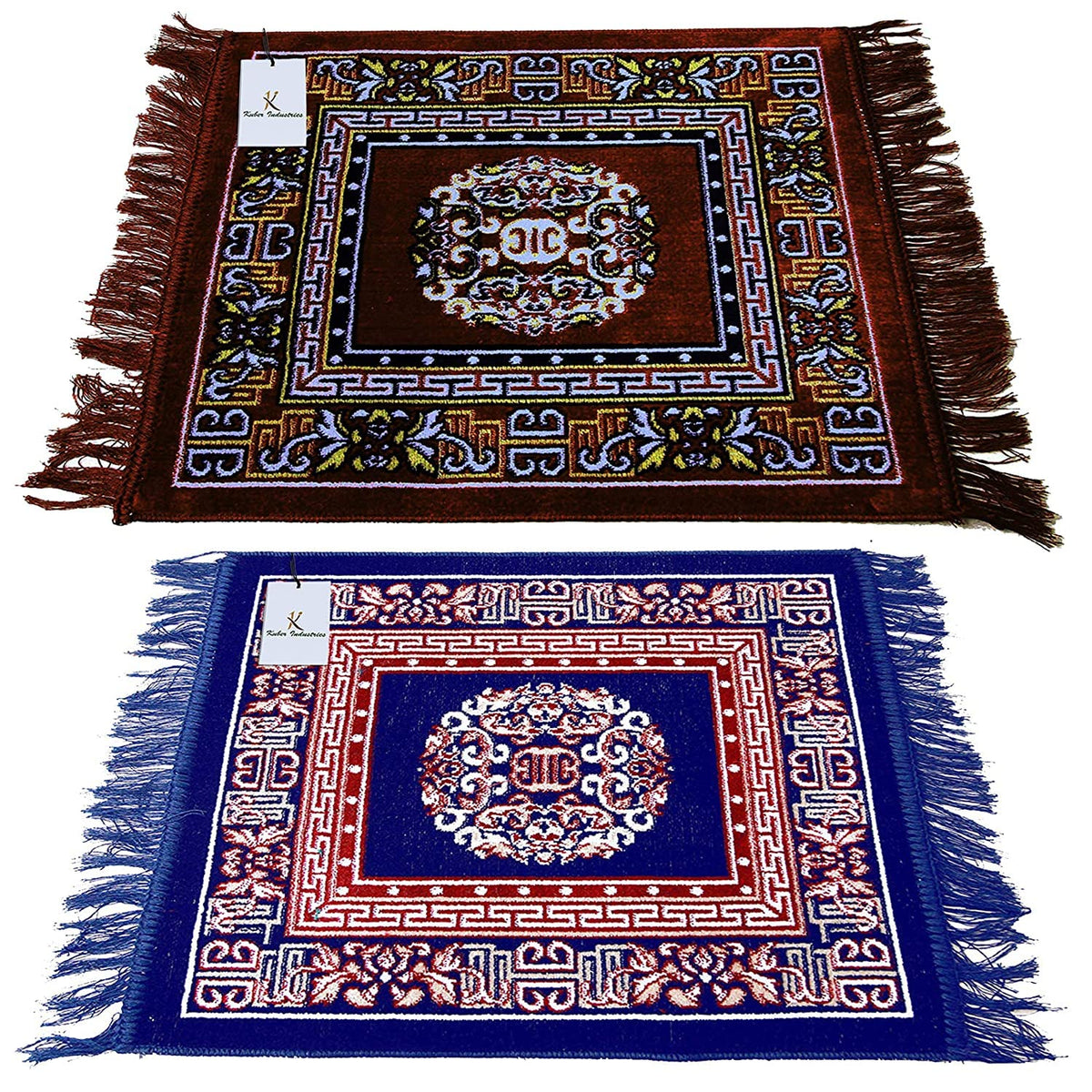 Heart Home 2 Pieces Velvet Prayer Mat/Aasan/Pooja Mat/Meditation Mat/Multipurpose Velvet Rug Mat 2 Ft X 2 Ft (Brown & Royal Blue) CTHH5730