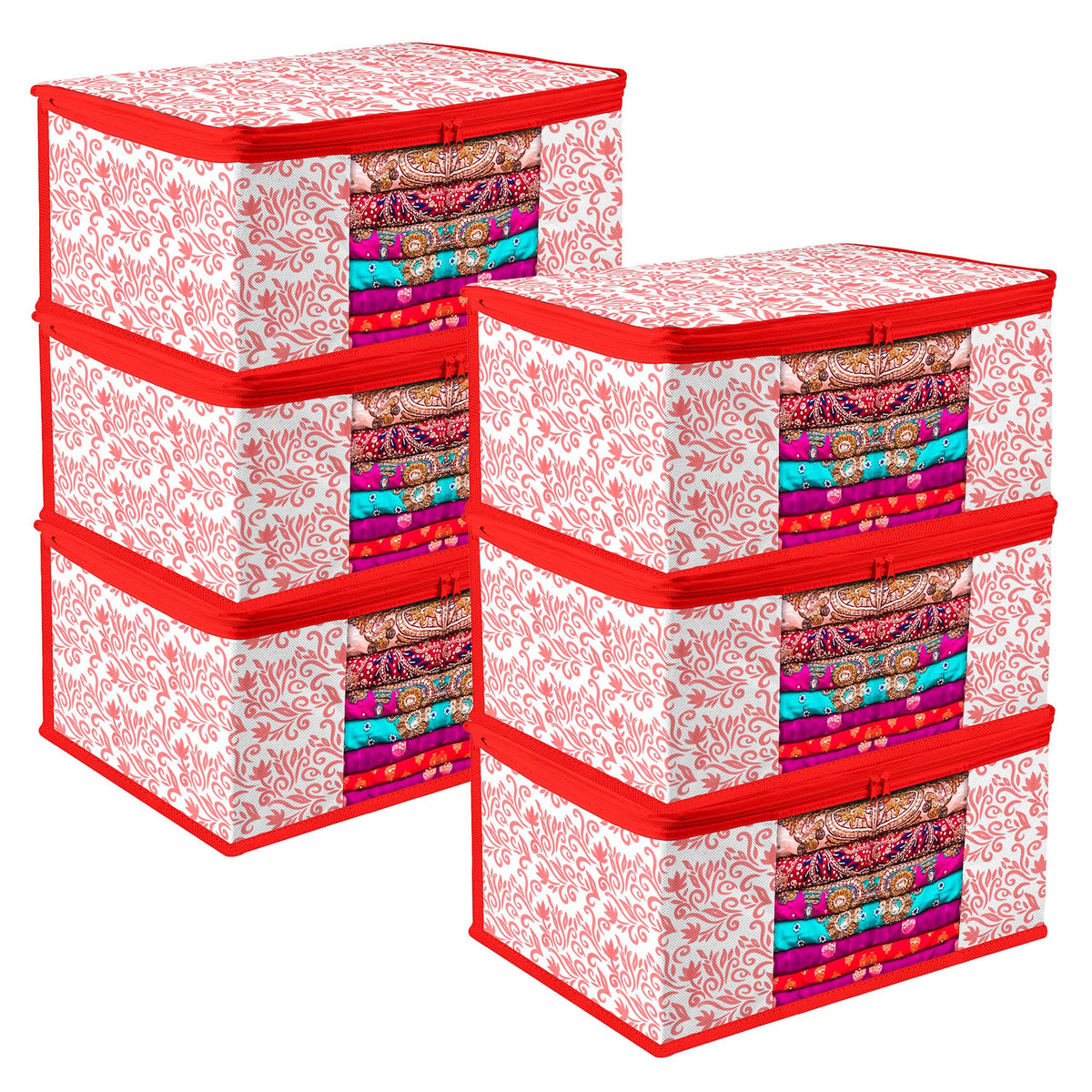 Heart Home Saree Cover | Zip Closure Saree Cover | Clothes Storage Bag | Wardrobe Organiser | Transparent Window Saree Cover | Leaf-Design | 9 inch | Pack of 6 | Red