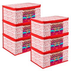 Heart Home Saree Cover | Zip Closure Saree Cover | Clothes Storage Bag | Wardrobe Organiser | Transparent Window Saree Cover | Leaf-Design | 9 inch | Pack of 6 | Red