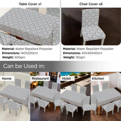 Kuber Industries Set of 7 Waterproof & Oil Repellent Dining Table Chair Cover 6 Seater Full Set | Washable & Dustproof Table & Seat Cover Protector Slipcover | Trellis Pattern Grey