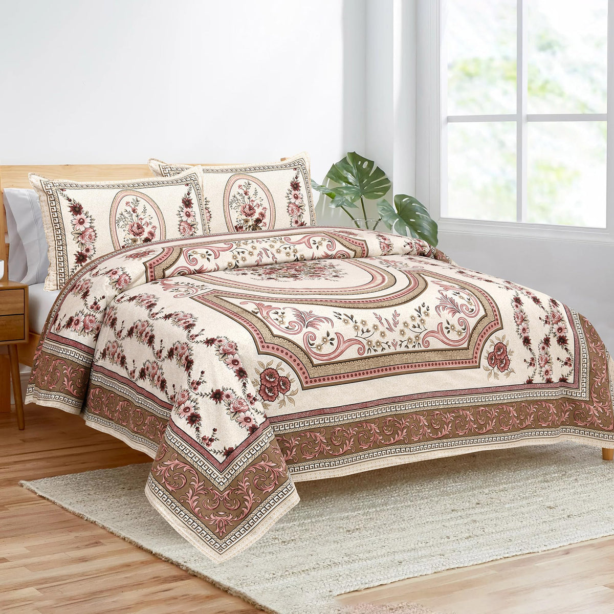 Kuber Industries Double Bedsheet with 2 Pillow Covers | 160 TC Premium Cotton Bedsheet for Double Bed | Bedsheet for Living Room-Home & Hotels | Kaleen Flower | 100x108 Inch | Pink