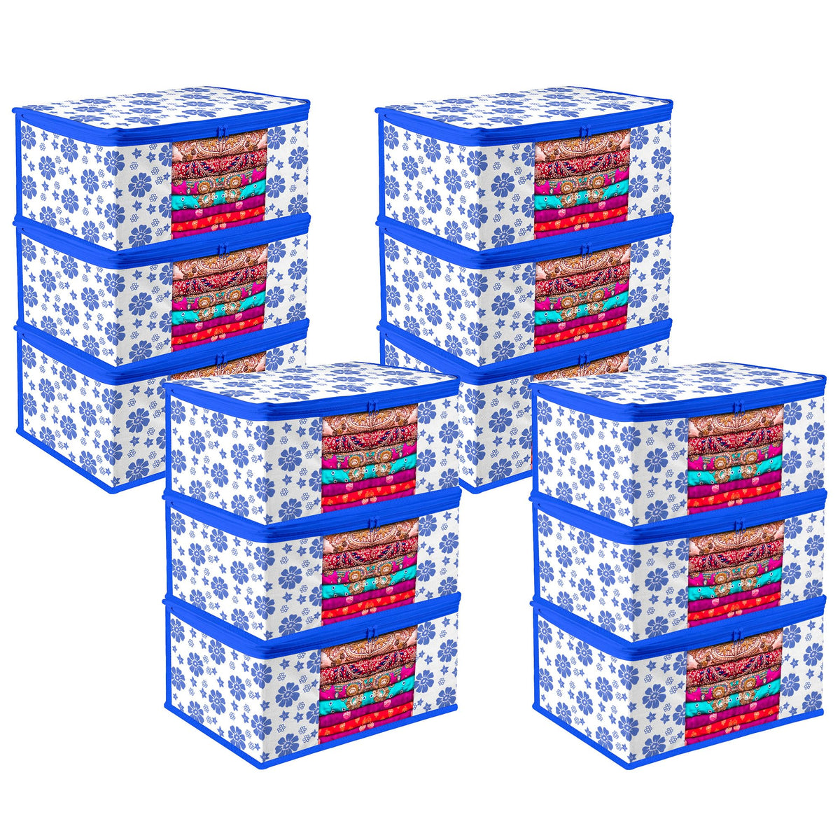 Heart Home Saree Cover | Zip Closure Saree Cover | Clothes Storage Bag | Wardrobe Organiser | Transparent Window Saree Cover | Flower-Design | 9 inch | Pack of 12 | Blue