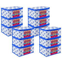 Heart Home Saree Cover | Zip Closure Saree Cover | Clothes Storage Bag | Wardrobe Organiser | Transparent Window Saree Cover | Flower-Design | 9 inch | Pack of 12 | Blue