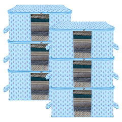Heart Home Underbed Storage Bag | Clothes Storage Organizer | Blanket Cover with Clear Window | Zipper Closure & Handle Cloth Organizer | Flower-Design | Large | Pack of 6 | Sky Blue