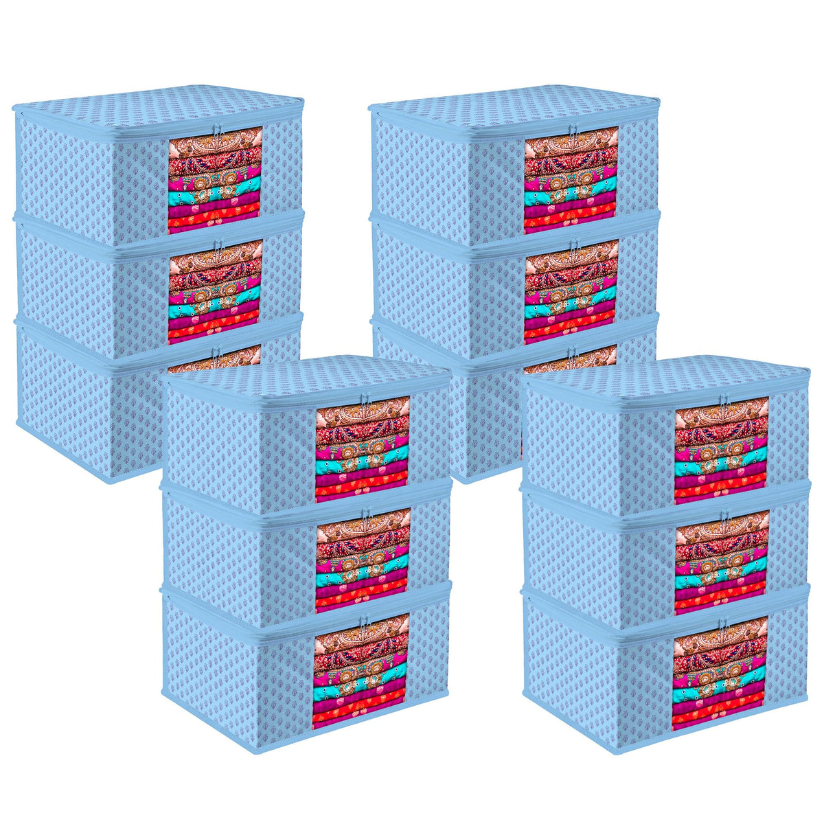 Heart Home Saree Cover | Zip Closure Saree Cover | Clothes Storage Bag | Wardrobe Organiser | Transparent Window Saree Cover | Floral-Design | 9 inch | Pack of 12 | Blue