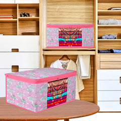 Heart Home Saree Cover | Zip Closure Saree Cover | Clothes Storage Bag | Wardrobe Organiser | Transparent Window Saree Cover | Flower Patta-Design | 9 inch | Pack of 9 | Pink