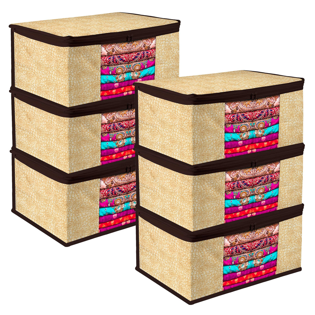 Heart Home Saree Cover | Zip Closure Saree Cover | Clothes Storage Bag | Wardrobe Organiser | Transparent Window Saree Cover | Flower-Design | 9 inch | Pack of 6 | Coffee