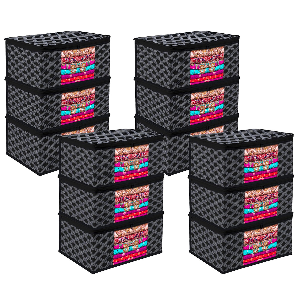 Heart Home Saree Cover | Zip Closure Saree Cover | Clothes Storage Bag | Wardrobe Organiser | Transparent Window Saree Cover | Check-Design | 9 inch | Pack of 12 | Black