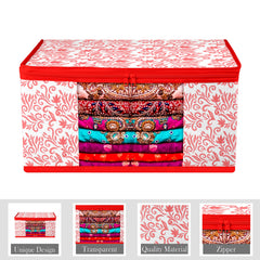 Heart Home Saree Cover | Zip Closure Saree Cover | Clothes Storage Bag | Wardrobe Organiser | Transparent Window Saree Cover | Leaf-Design | 9 inch | Pack of 6 | Red