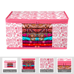 Heart Home Saree Cover & Underbed Stoarge Bag Set | 2 Pieces Saree & 2 Pieces Underbed Storage Bag Combo Set | Zipper Closure & Handle | Leaf-Design | Set of 4 | Pink