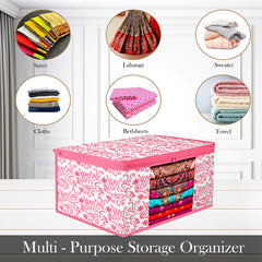 Heart Home Saree Cover | Zip Closure Saree Cover | Clothes Storage Bag | Wardrobe Organiser | Transparent Window Saree Cover | Leaf-Design | 9 inch | Pack of 9 | Pink