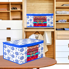 Heart Home Saree Cover | Zip Closure Saree Cover | Clothes Storage Bag | Wardrobe Organiser | Transparent Window Saree Cover | Flower-Design | 9 inch | Pack of 12 | Blue