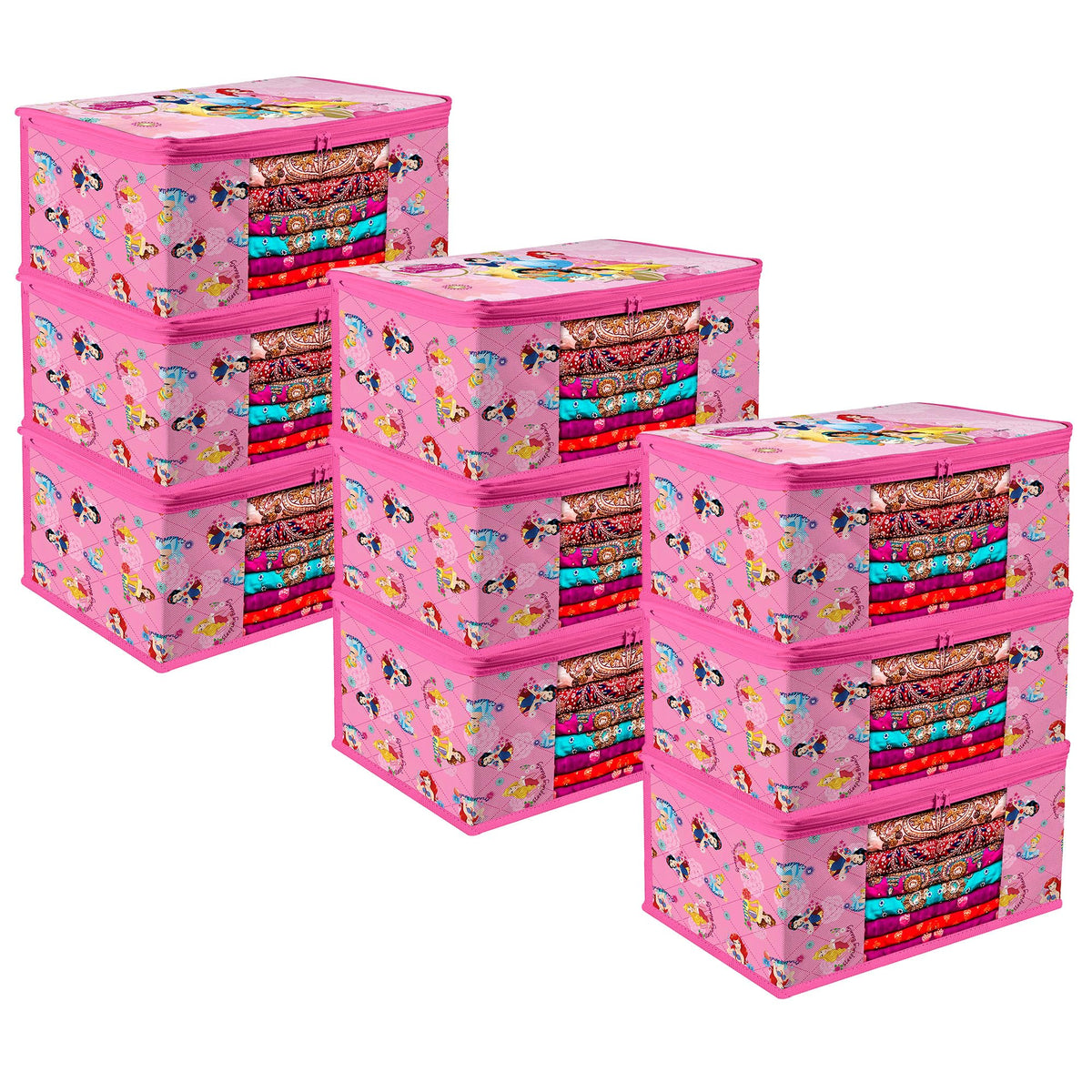 Heart Home Saree Cover | Zip Closure Saree Cover | Clothes Storage Bag | Wardrobe Organiser | Transparent Window Saree Cover | Disney Princess-Print | 9 inch | Pack of 9 | Pink