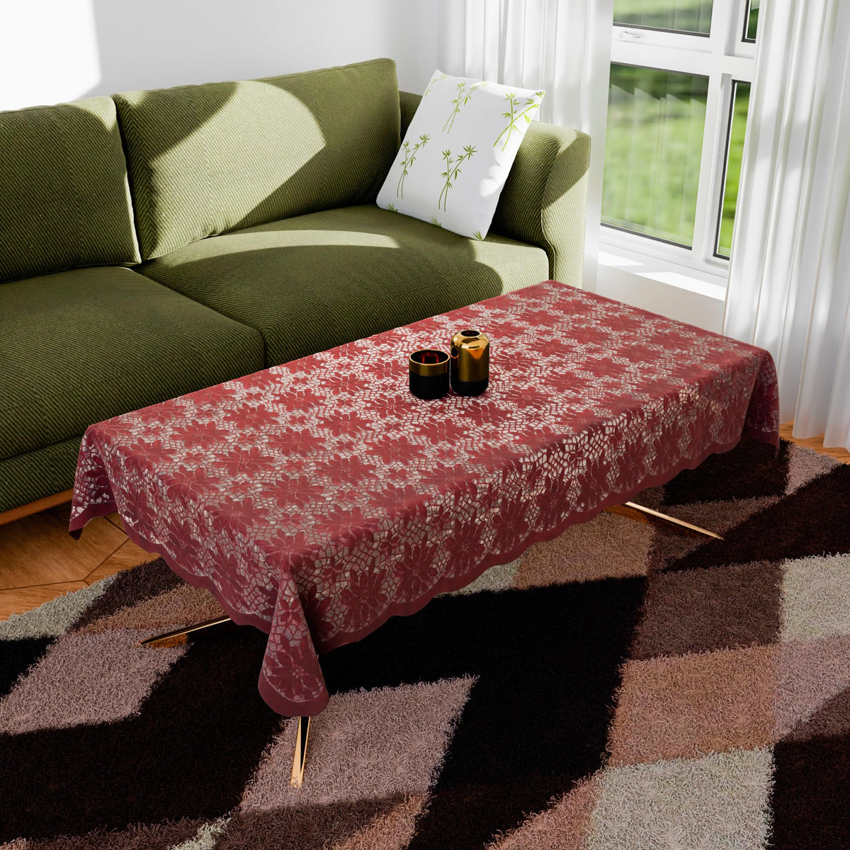 Heart Home Center Table Cover | Cotton Table Cloth Cover | 4-Seater Table Cloth | Plain Jasmin Flower Table Cover | Table Protector | Table Cover for Center Table | 40x60 Inch | Maroon