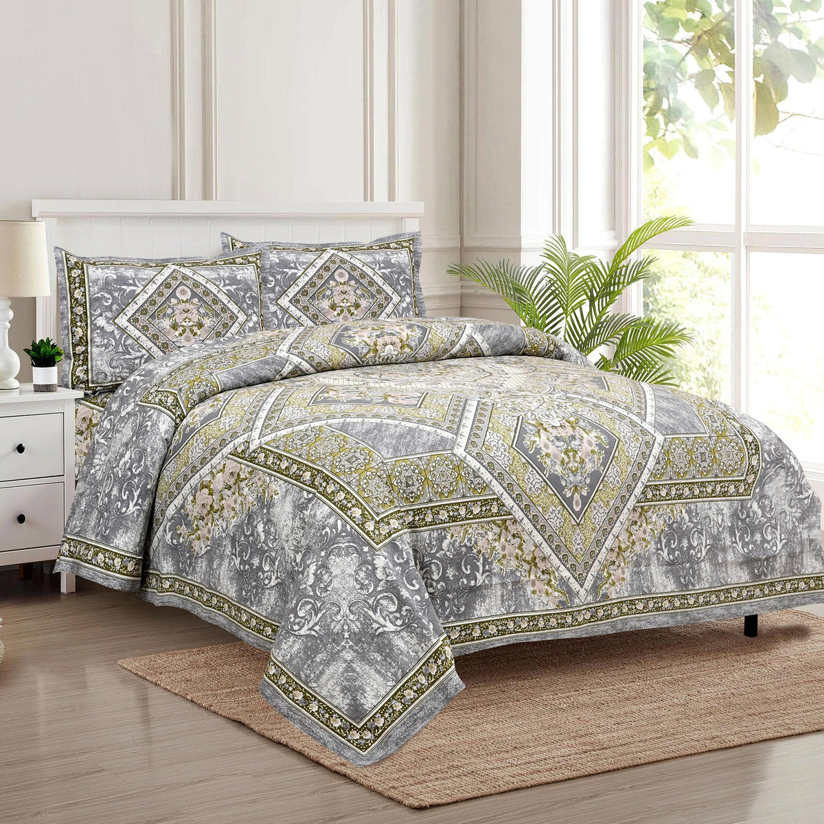 Kuber Industries Double Bedsheet with 2 Pillow Covers | 186 TC Premium Cotton Bedsheet for Double Bed | Bedsheet for Living Room-Home & Hotels | Arabic Beauty Flower Square | 100x108 Inch | Gray