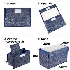 Heart Home Drawer Storage Box|Clothes Drawer Organizer with Handle|Transparent Lid with Velcro|Wardrobe Organizer for Books|Flower Printed Dhakkan Storage Box|Large|Navy Blue