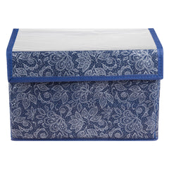 Kuber Industries Drawer Storage Box|Clothes Drawer Organizer with Handle|Transparent Lid with Velcro|Wardrobe Organizer for Books|Flower Printed Dhakkan Storage Box|Small|Navy Blue