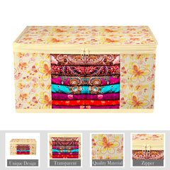 Heart Home Saree Cover & Underbed Stoarge Bag Set | 2 Pieces Saree & 2 Pieces Underbed Storage Bag Combo Set | Zipper Closure & Handle | Red Flower-Design | Set of 4 | Ivory