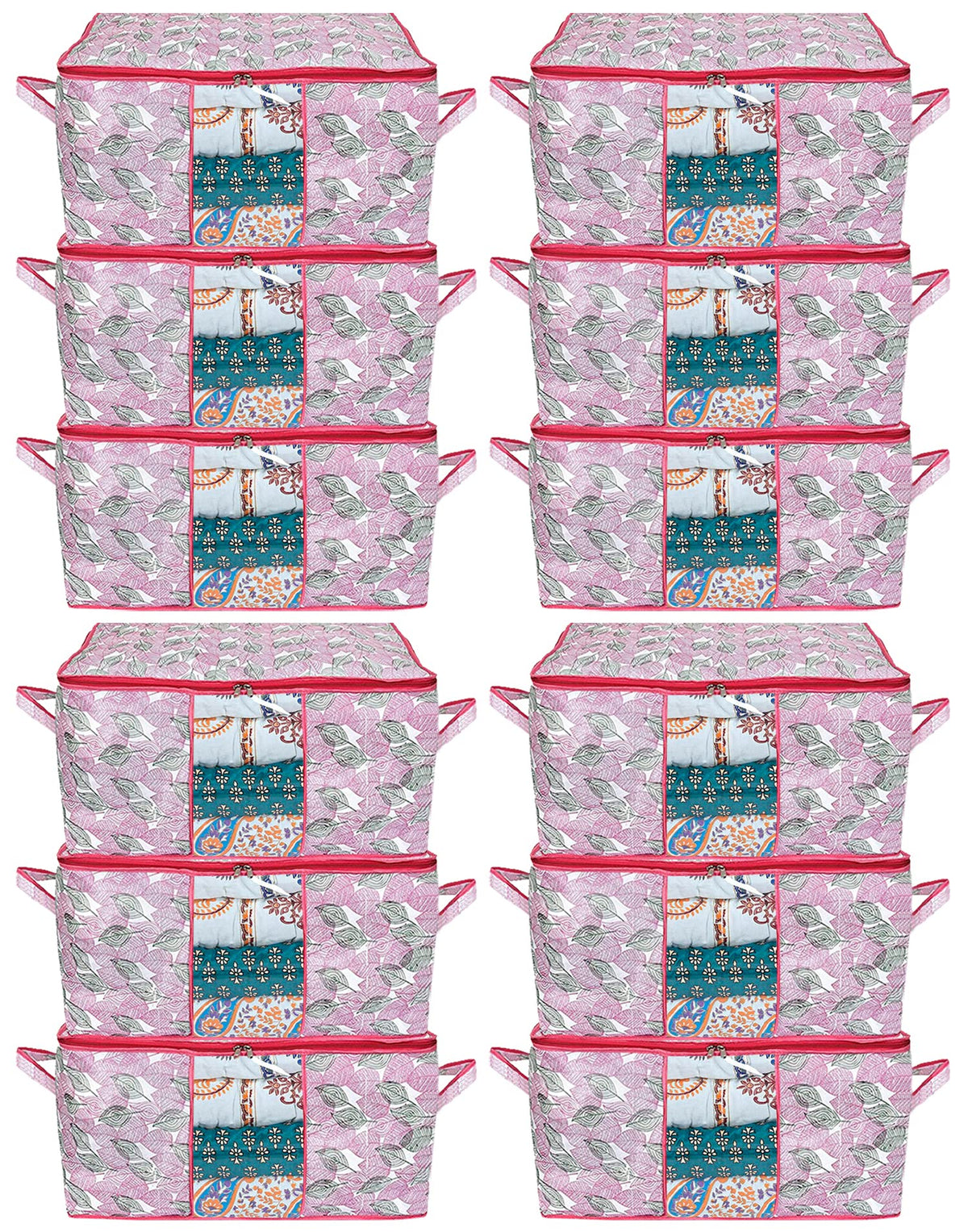 Heart Home Leaf Design Non-woven Underbed, Strorage Organizer With Transparent Window- Pack of 12 (Pink)-44HH0492