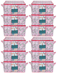 Heart Home Leaf Design Non-woven Underbed, Strorage Organizer With Transparent Window- Pack of 12 (Pink)-44HH0492