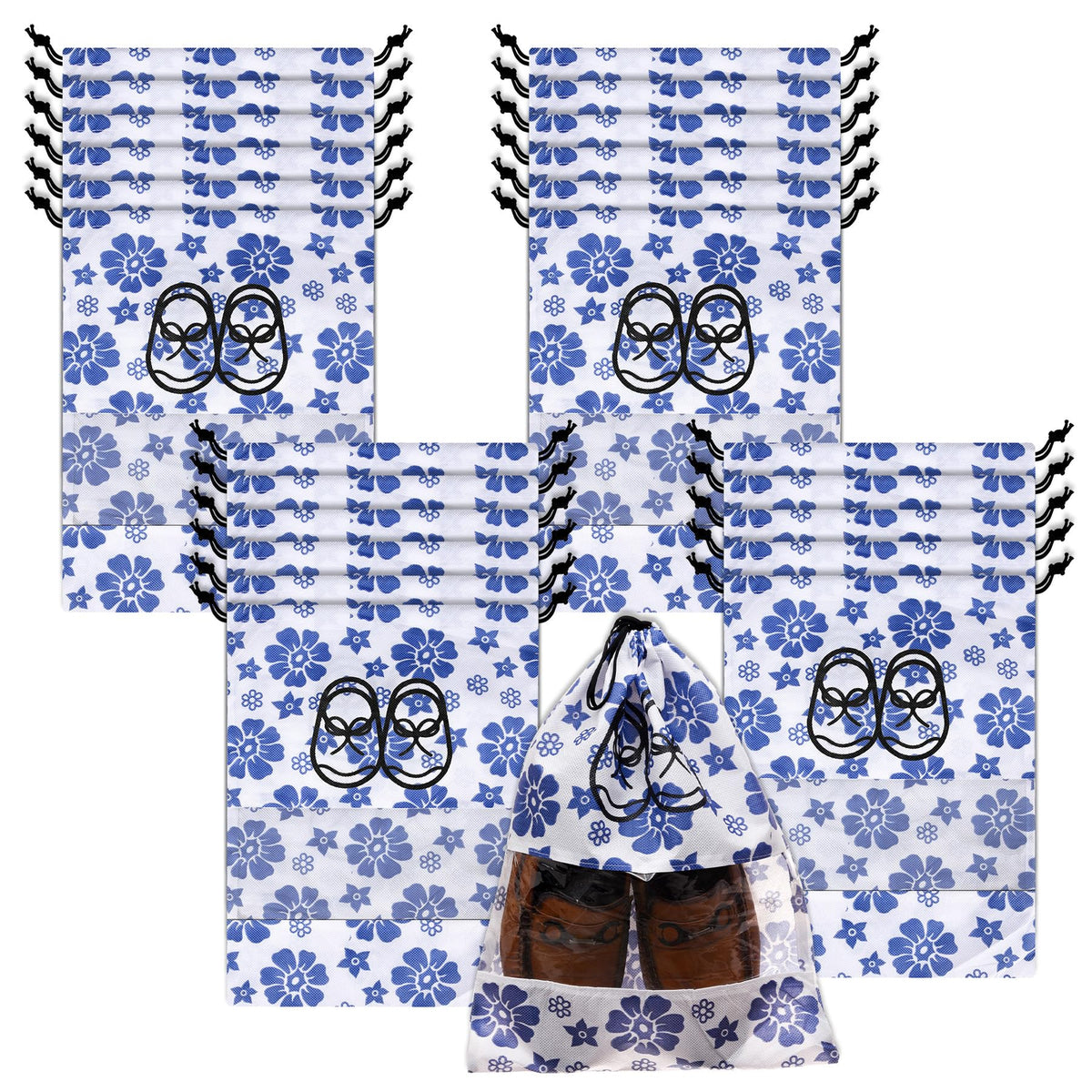 Heart Home Shoe Cover | Travel Shoe Storage Bags | Non-Woven Storage Bags | Shoe Cover with Drawstring | Shoe Organizer with Clear window | Blue Flower-Design | Pack of 24 | White