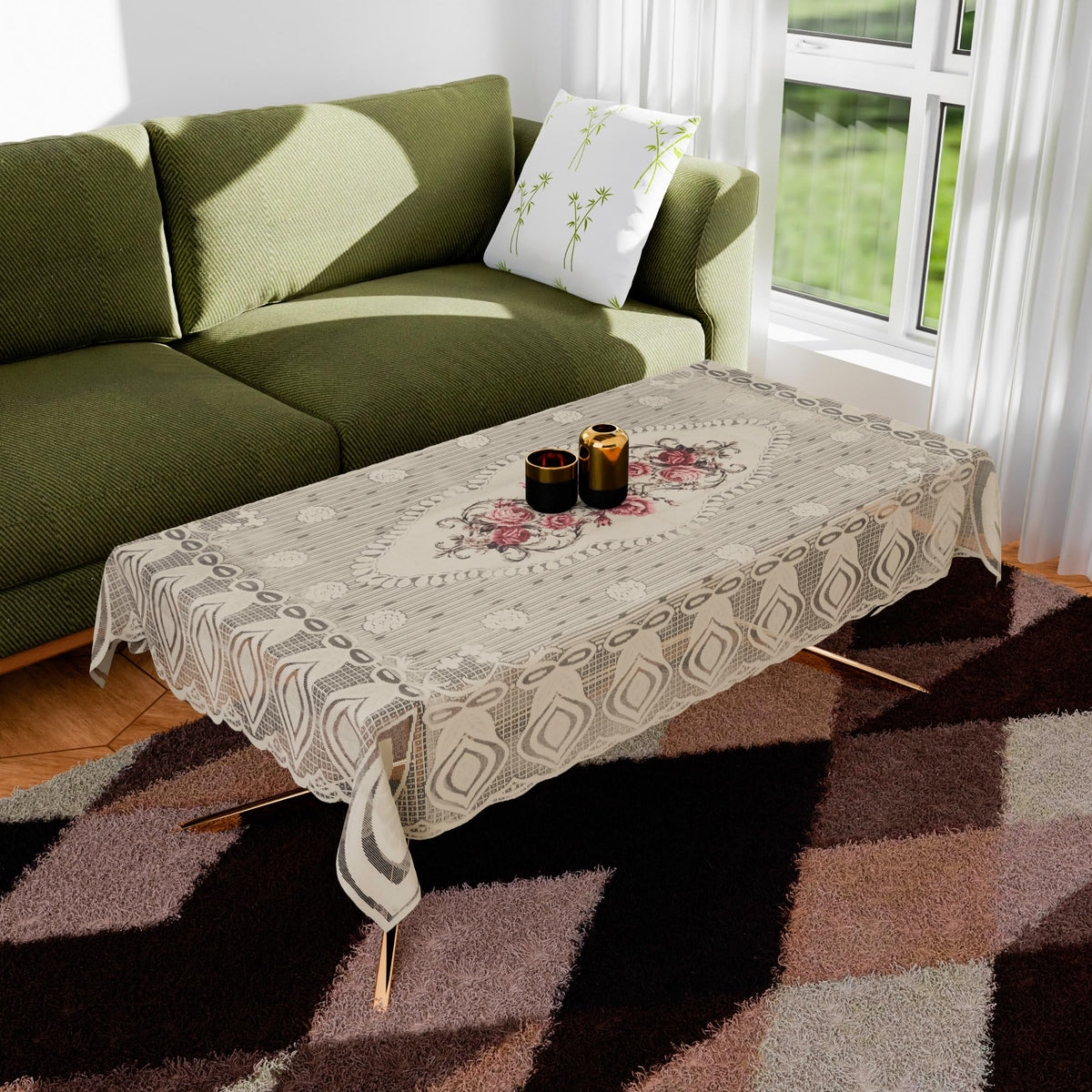 Heart Home Center Table Cover | Cotton Table Cloth Cover | 4-Seater Table Cloth | Glory Table Cover | Table Protector | Table Cover for Center Table | 40x60 Inch | CTC | Cream & Pink