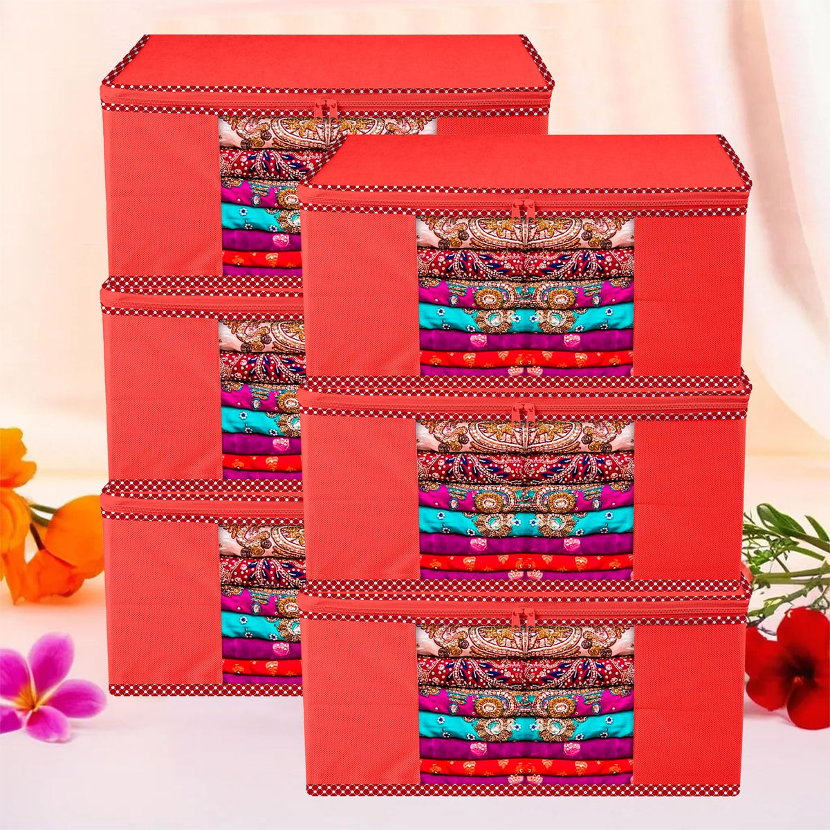 Heart Home Saree Cover | Zip Closure Saree Cover | Clothes Storage Bag | Wardrobe Organiser for Suit | Transparent Window Saree Cover | Dot Border-Design | 9 inch | Pack of 6 | Red