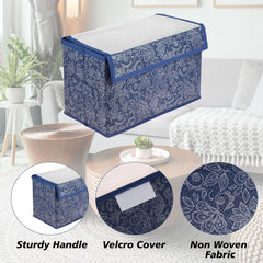 Kuber Industries Drawer Storage Box|Clothes Drawer Organizer with Handle|Transparent Lid with Velcro|Wardrobe Organizer for Books|Flower Printed Dhakkan Storage Box|Small|Navy Blue