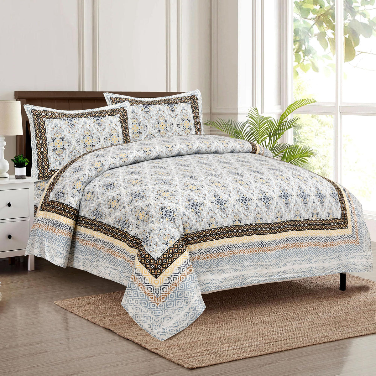 Heart Home Double Bedsheet with 2 Pillow Covers | 160 TC Premium Cotton Bedsheet for Double Bed | Bedsheet for Living Room-Home & Hotels | Dezier Carpet Print | 90x108 Inch | Blue