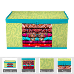 Heart Home Saree Cover | Zip Closure Saree Cover | Clothes Storage Bag | Wardrobe Organiser | Transparent Window Saree Cover | Leaf-Design | 9 inch | Pack of 9 | Green