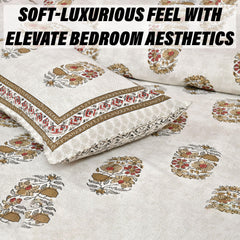 Heart Home Double Bedsheet with 2 Pillow Covers | 160 TC Premium Cotton Bedsheet for Double Bed | Bedsheet for Living Room-Home & Hotels | Dezier Flower Boota | 90x108 Inch | Beige