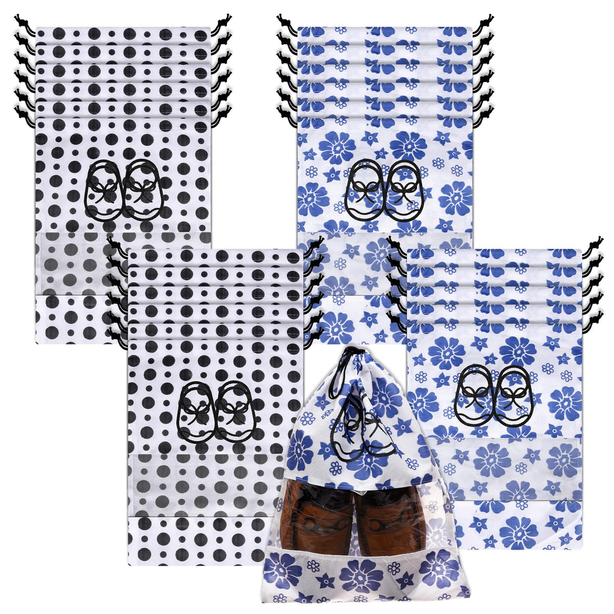 Heart Home Shoe Cover | Travel Shoe Storage Bags | Non-Woven Storage Bag | Shoe Cover with Drawstring | Shoe Organizer with Clear window | Pack of 24 | Multi