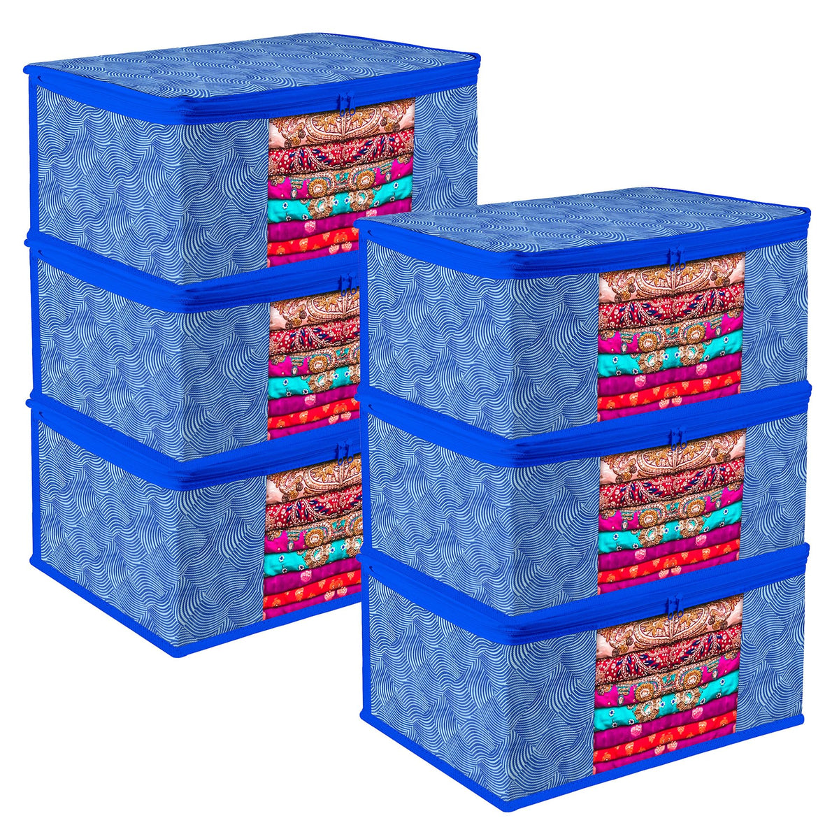 Heart Home Saree Cover | Zip Closure Saree Cover | Clothes Storage Bag | Wardrobe Organiser | Transparent Window Saree Cover | Lahariya-Design | 9 inch | Pack of 6 | Blue