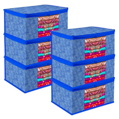 Heart Home Saree Cover | Zip Closure Saree Cover | Clothes Storage Bag | Wardrobe Organiser | Transparent Window Saree Cover | Lahariya-Design | 9 inch | Pack of 6 | Blue