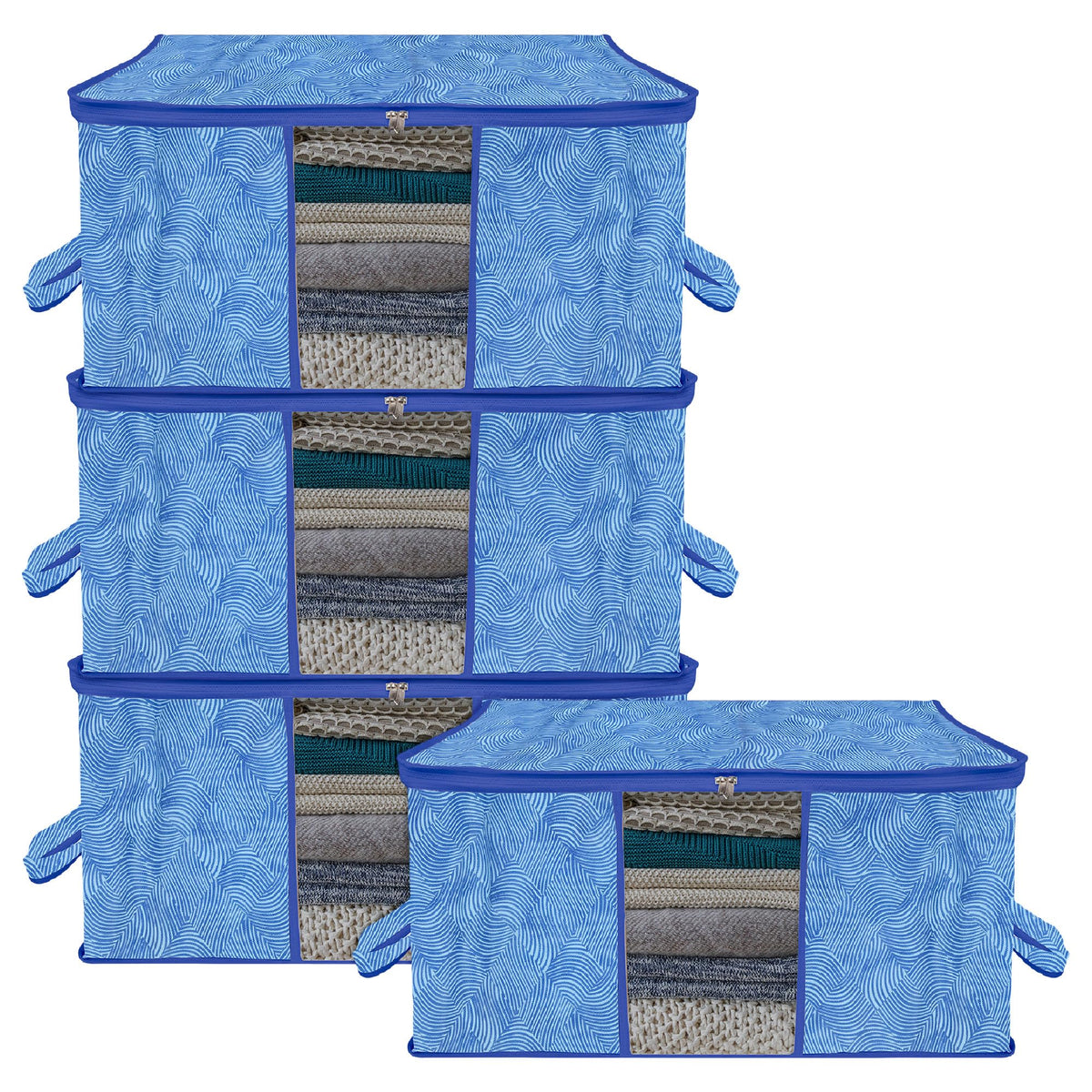 Heart Home Underbed Storage Bag | Clothes Storage Organizer | Blanket Cover with Clear Window | Zipper Closure & Handle Cloth Organizer | Lahariya-Design | Large | Pack of 4 | Blue