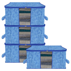 Heart Home Underbed Storage Bag | Clothes Storage Organizer | Blanket Cover with Clear Window | Zipper Closure & Handle Cloth Organizer | Lahariya-Design | Large | Pack of 4 | Blue