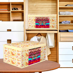 Heart Home Saree Cover | Zip Closure Saree Cover | Clothes Storage Bag | Wardrobe Organiser | Transparent Window Saree Cover | Red-Flower-Design | 9 inch | Pack of 9 | Ivory