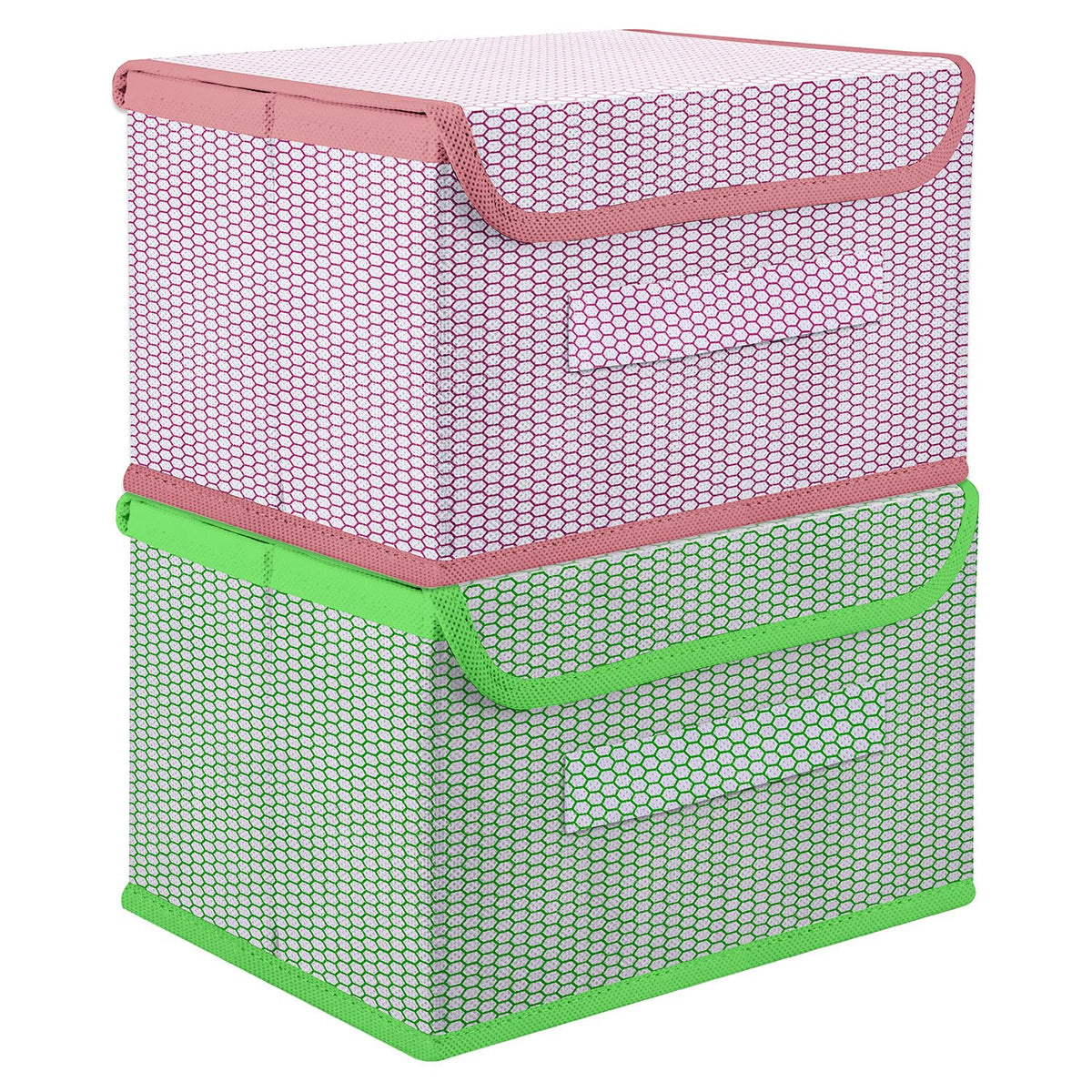 Heart Home Drawer Storage Box | Foldable Dhakkan Storage Box | Non-Woven Clothes Organizer For Toys | Storage Box with Handle | Large | Pack of 2 | Green & Pink