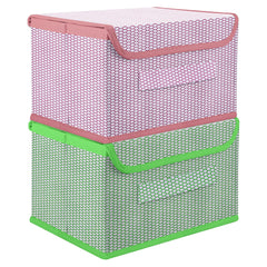 Heart Home Drawer Storage Box | Foldable Dhakkan Storage Box | Non-Woven Clothes Organizer For Toys | Storage Box with Handle | Large | Pack of 2 | Green & Pink